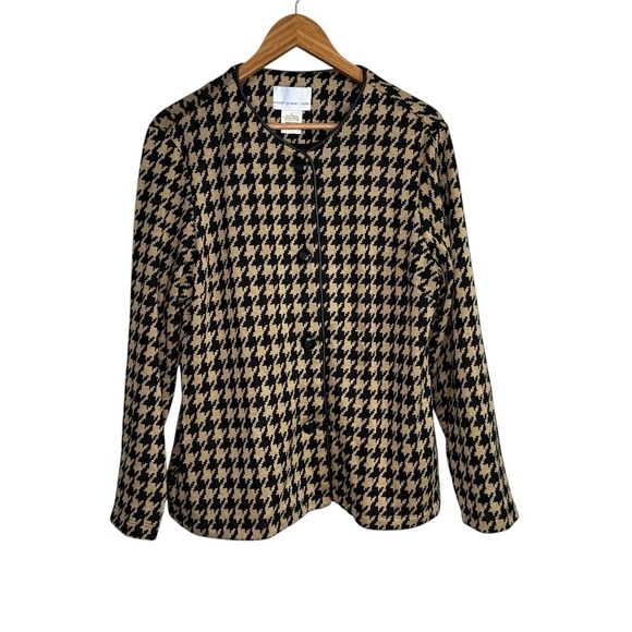 Susan Graver Jackets & Blazers - Susan Graver Womens Blazer Jacket Large Beige Black Houndstooth Button Mature